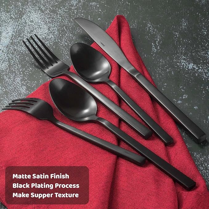 Alata Cube Matte Black 40-Piece Flatware Set, Forged Cutlery Set, Service for 8, Stainless Steel Tableware with Square Handle for Home/Restaurant, Dishwasher Safe