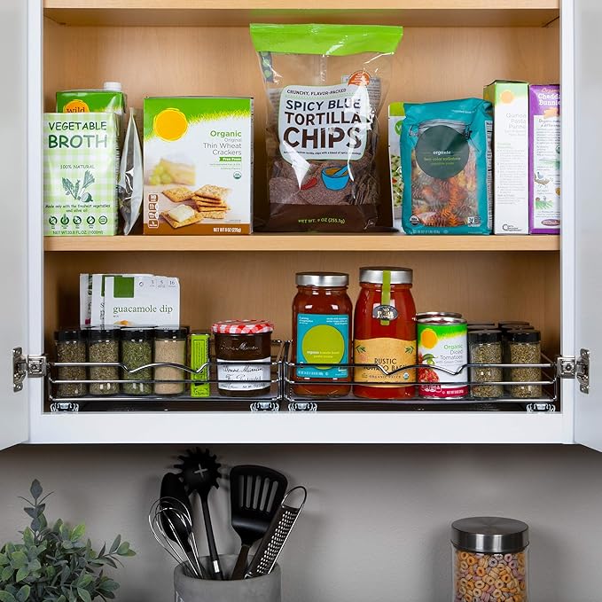 Pull-Out Cabinet Spice Rack Organizer - Slim Slide-Out Storage for Spices, Bottles & Jars, Premium Heavy-Duty Steel, Easy Install for Narrow Kitchen Cabinets - 14 ⅜ W x 10 ⅜ D x 2 ¾ H, Chrome