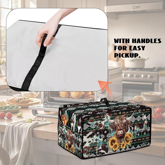 Toaster Oven Dust Cover Washable Fabric Convection Oven Cover Protector Compatible with Various Small Kitchen Appliances, S, Aztec Highland Cow Sunflower