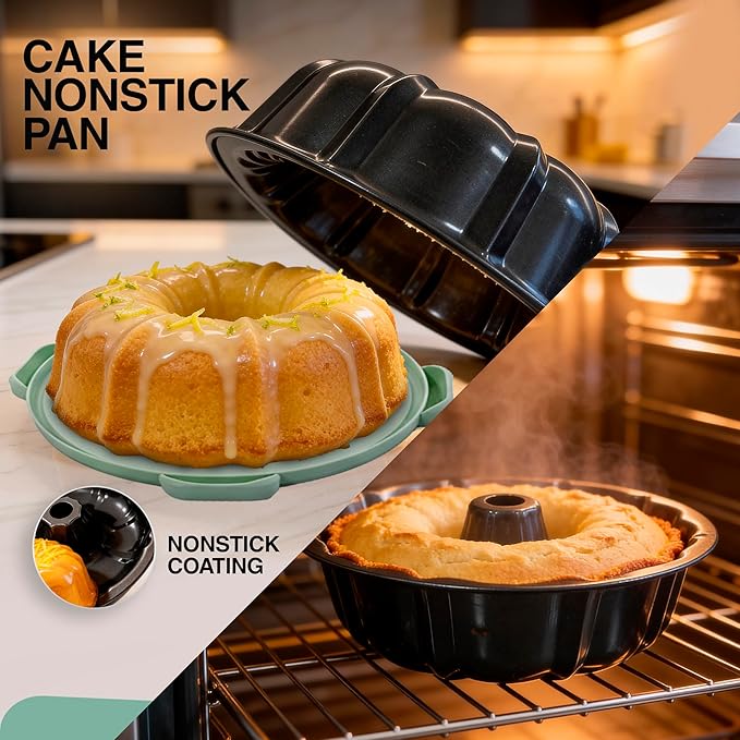 10 inch Buntz Cake Pan Non stick with 12in Cake Carrier for Easy Transportation - Premium Fluted Cake Pans For Oven, Cake Mold, Moldes para Gelatinas