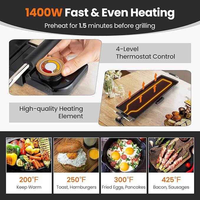 Nightcore 27" Large Electric Griddle, Teppanyaki Grill w/Adjustable Thermostat, Insulated Handles, Drip Tray & Nonstick Surface, Pancake Griddle, Indoor Outdoor Tabletop BBQ Grill for Party Camping
