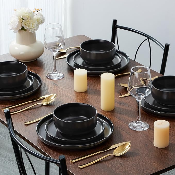 E-far Stoneware Dinnerware Sets for 8, 24-Piece Plates and Bowls Set, Modern Ceramic Dishes Dinning Ware, Microwave & Dishwasher Safe - Matte Black