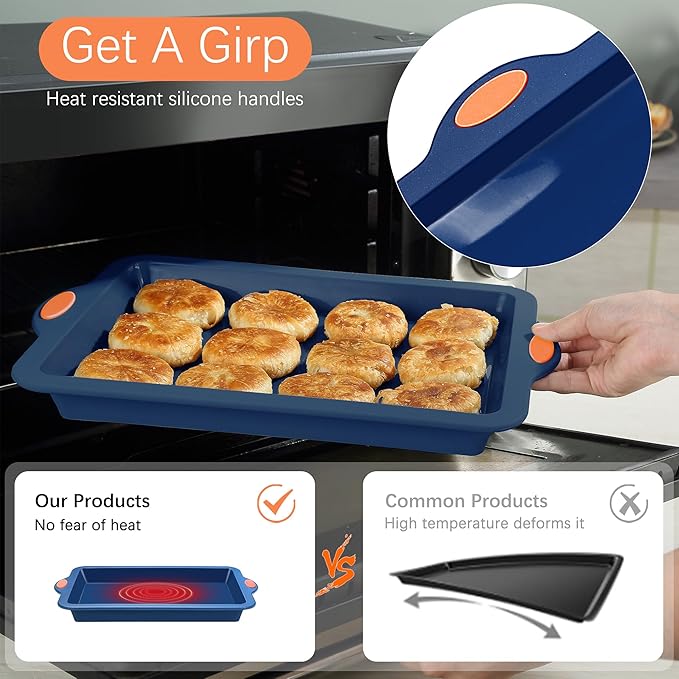 To encounter Silicone Baking Pans Set, 4 Pieces Nonstick Bakeware Set with Baking Pans, Baking Sheets, Cookie Sheets, Cake Pan with Grips and Metal Reinforced Frame More Strength, Navy Blue