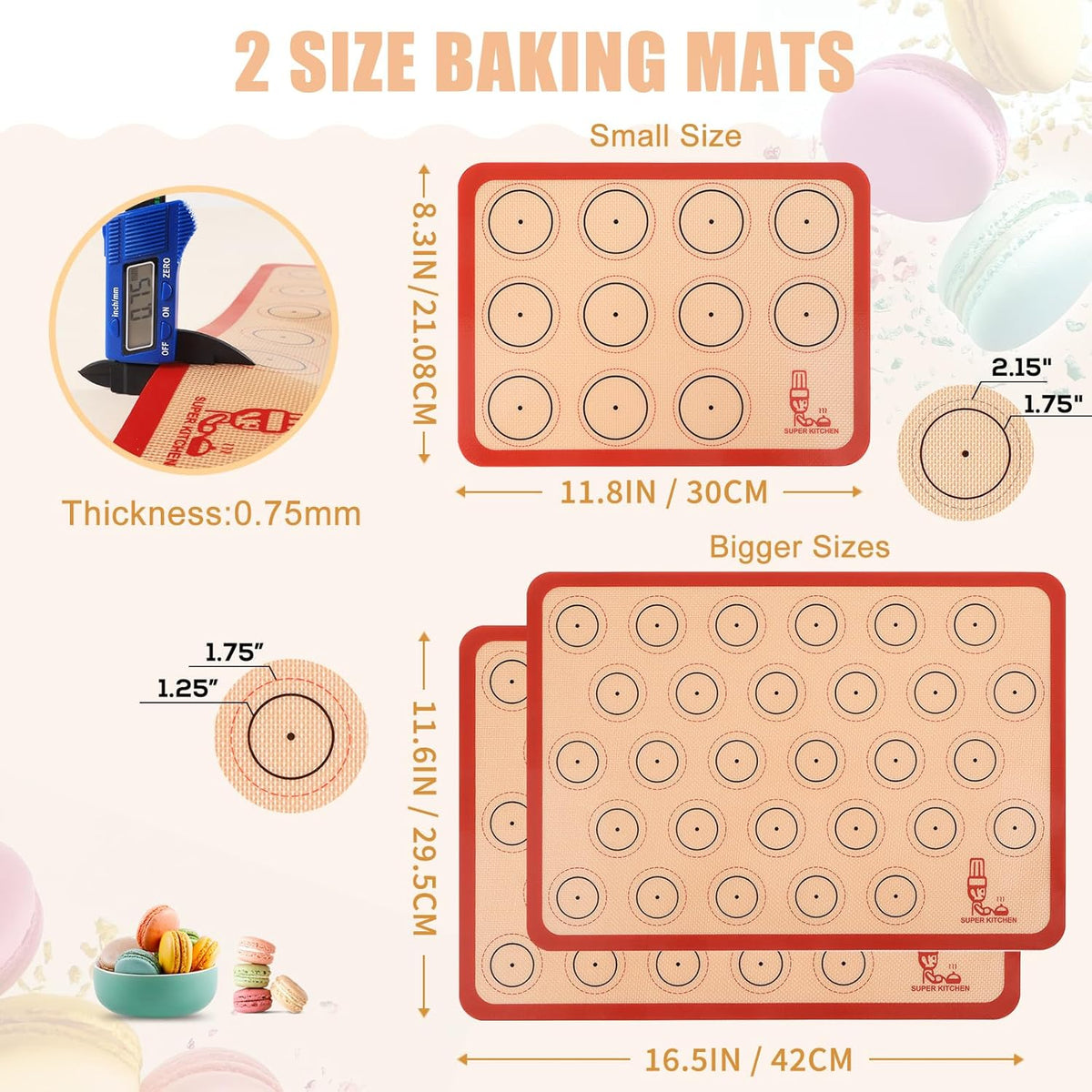 Folksy Super Kitchen Silicone Macaron Baking Mat - Set of 3 (2 Half Sheet and 1 Quarter Sheet), Non Stick Silicon Oven Liner For Macaroons and Cookies (16.5x11.6, Red)