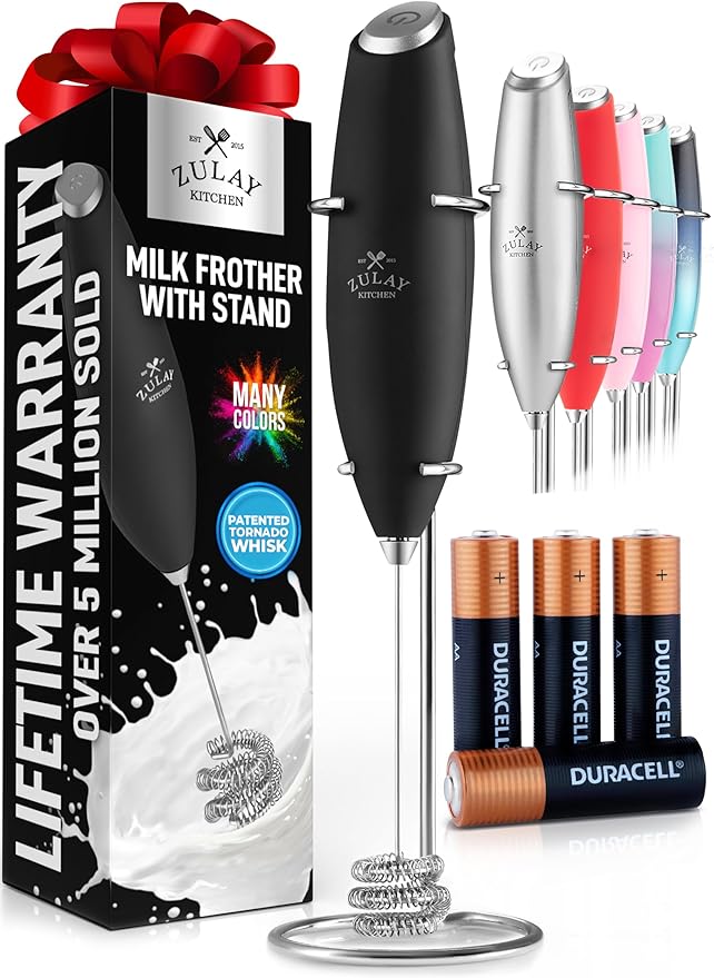 Zulay Kitchen Patented Tornado Triple Whisk Milk Frother with 4 Duracell Batteries – Handheld Foam Maker for Coffee, Lattes, Matcha & Hot Chocolate – Rich, Creamy Froth in Seconds - Alpha Black