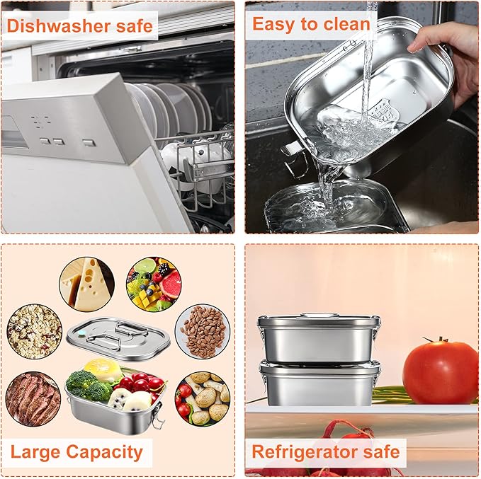 2 Pieces Metal Bento Box for Adults Metal Lunch Box Stainless Steel Bento Containers Leakproof Dual Tiers Lunch Container With Airtight Valve Handle Dishwasher Safe(Medium)