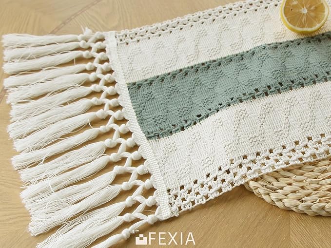 FEXIA Sage Green Table Runner 36 Inches Long with Tassels Boho Macrame Farmhouse Table Runners for Home Decor Party Bohemian Rustic Bridal Shower Dining Decorations(12x36 Inches)