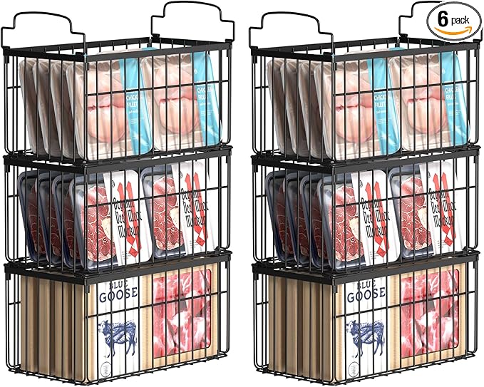 Freezer Organizer Bins, 6 Pack Stackable Deep Chest Freezer Organizer Bins, Foldable Baskets with Handles, Black Storage Container Baskets for 5/ 7 Cu.FT Deep Freezer Sort Frozen Meats