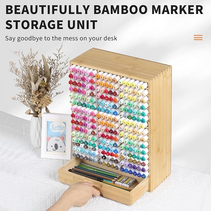 AUTOARK Bamboo Marker Organizer for 225 Markers,Desktop Storage Hold with drawers,Art Markers Pens Pencils Art Brushes Stationary Organizer Marker Pen Holder,AHK-063