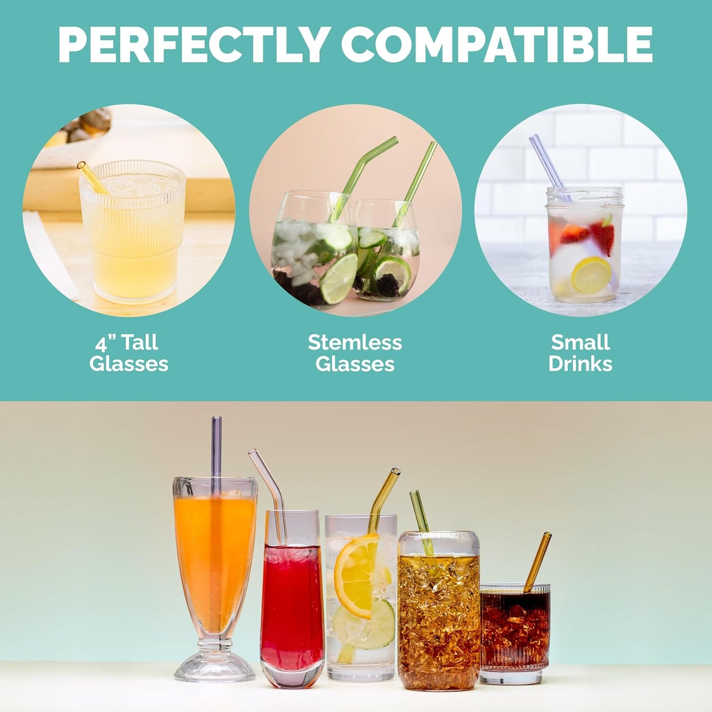 Simply Straws 6 Inch Glass Straws Bent (6-Pack) – Reusable Glass Straws for Low Balls & Stemless Glasses, with Cleaning Brush – Dishwasher Safe, Hot & Cold Use, BPA-Free (Meadow)