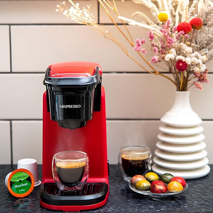 Mixpresso Red Single Serve Coffee Maker for K Capsule, Compact Mini Coffee Maker 800 Watt Coffee Machine for Pods or Ground, Fast Brew, Auto Shut Off, 12 Oz Brew Size for Travel, Office, RV and Dorm