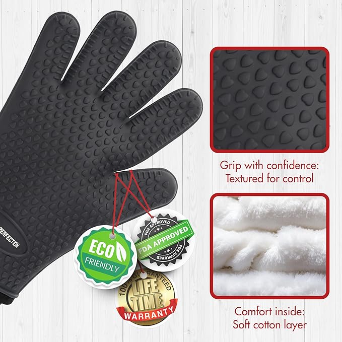 KITCHEN PERFECTION Silicone Oven & Griddle Gloves -Extreme Heat Resistant BBQ & Grilling Gloves -Handle Hot Food Right on Your Griddle |Waterproof Oven Mitts Grill Gloves |Superior Set+3 Bonuses