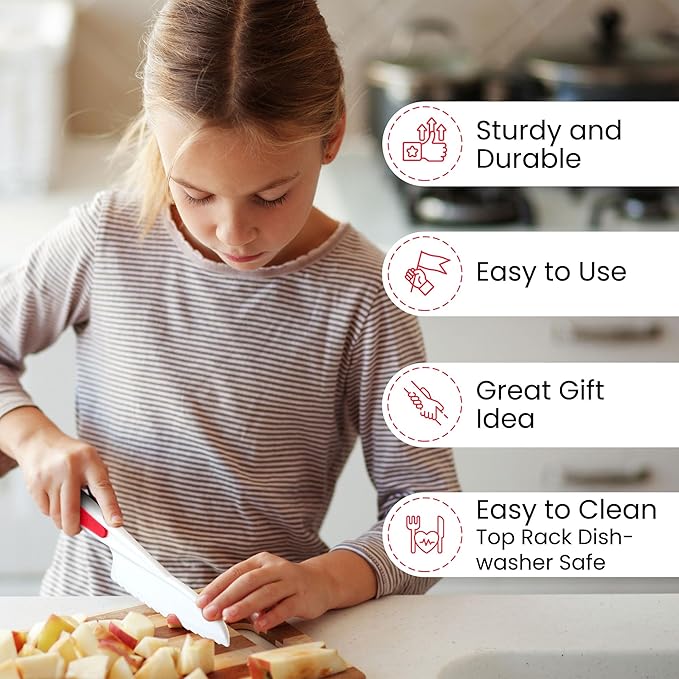 Zulay Kitchen 3-Piece Kids Knife Set for Real Cooking & Baking - Toddler Knives for Cutting Fruits, Veggies, & Cake - Children’s Montessori Knive with Serrated Edges - Safe & Fun Lettuce Knife (Red)