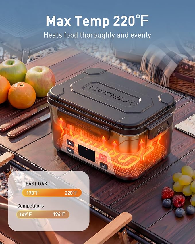 EAST OAK Heated Lunch Box for Men, Electric Lunch Box for Adults, 5.5 Cups Cordless Portable Food Warmer, Rechargeable Self Heating Food Heater with Memory Function, Automatic Keep Warm(Classic Black)