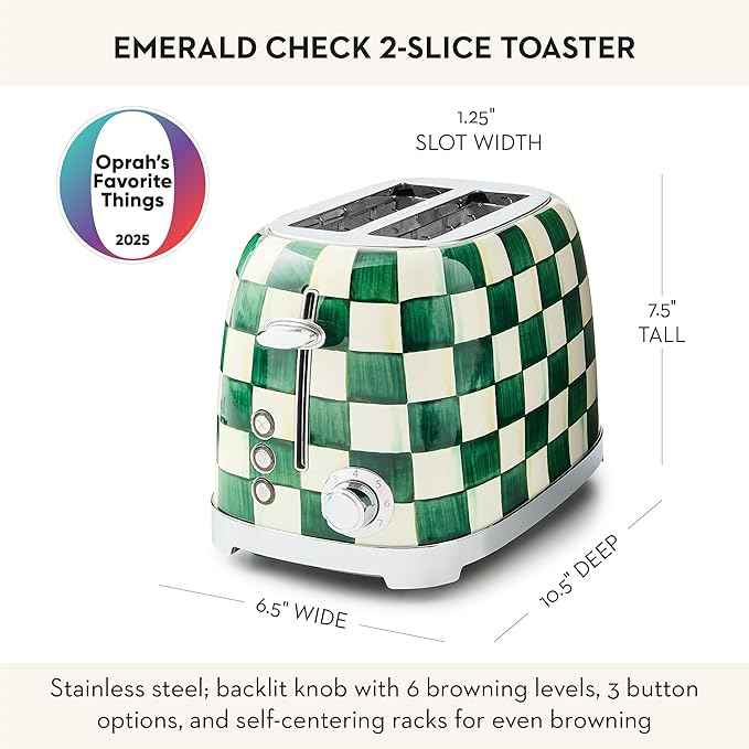 MACKENZIE-CHILDS 2-Slice Toaster, Decorative Toaster for Kitchen, One of Oprah’s Favorite Things, Green-and-White Emerald Check
