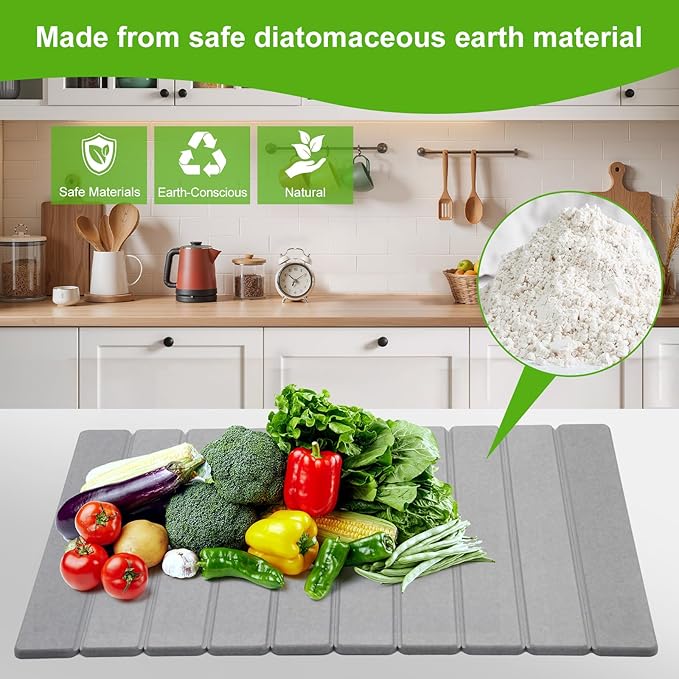 Stone Dish Drying Mat for Kitchen Counter - Large Foldable Collapsible Quick Drying Dish Mats, Ultra Absorbent Diatomaceous Earth Mats for Kitchen Dishes Bottles Cups Bathroom -Light Gray