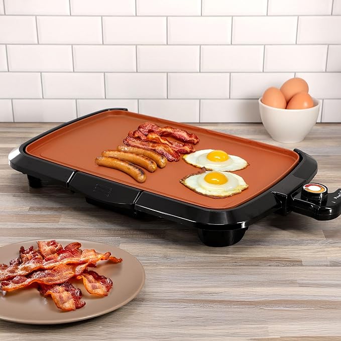 MegaChef Electric Grill with Copper Non-Stick Coating, Removable Drip Tray & Adjustable Temperature Control, Versatile Small Kitchen Appliance (16 Inch Grill)