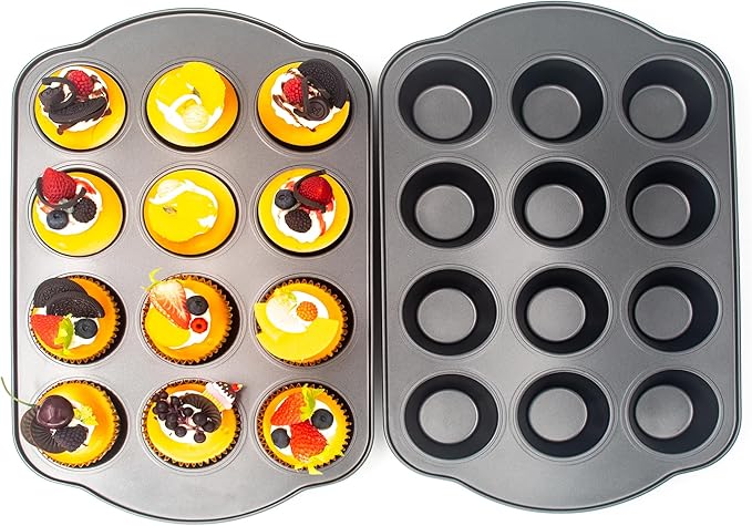 Non-Stick Standard Muffin Pans, 2.95" 12-Cup Set of 2 Baking Pans, Heavy Duty Carbon Steel Tins for Standard Muffins & Cupcakes