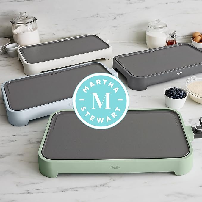 Martha Stewart 12” x 22” Electric Griddle, XL Ceramic Nonstick Flat Top Cooking Surface, Adjustable Temperature Dial, Drip Tray, Dishwasher Safe, 1500W Fast Even Heating, Pancakes & Eggs, Linen White