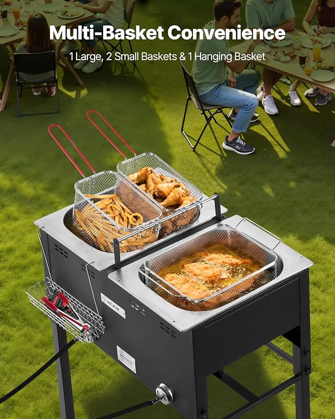 VEVOR Outdoor Propane Deep Fryer, Dual-Tank 16QTx2 Large Capacity Commercial Fryer, Stainless Steel Fish Cooker with 3 Basket, Thermometer, Floor Standing Fryers for Catering Event Camping, 50,000 BTU