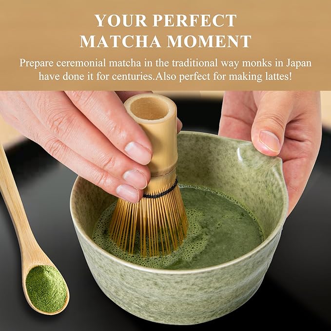 Matcha Whisk Set, Matcha Making Kit Whisk (Chasen Holder), Ceramic Whisk Holder (Black), Bamboo Scoop, Powder Starter Sifter, Spoon Japanese Tea Tools For Ceremony Gift