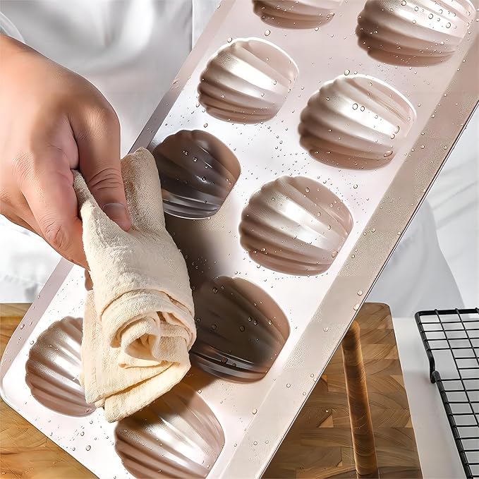 Madeleine Pans for Baking (2-Pack) 12 cup Madlen Mold Makes Shell Shape Cake Cookies Nonstick Carbon Steel Madeline Tray for Oven Gold