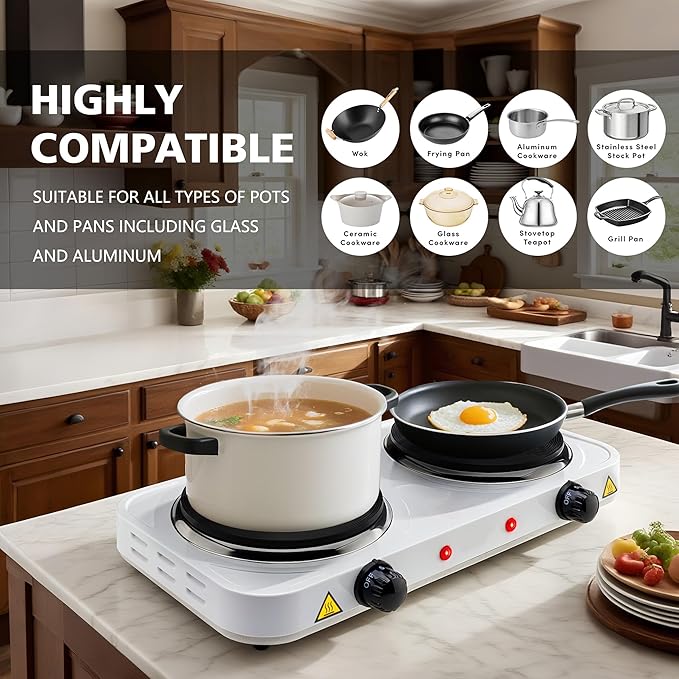 2200W Electric Hot Plate, Electric Cooktop with 2 Burner, Cast Iron Portable Burner Stove, Portable Electric Countertop Burner, Compact Double Burners for Cooking(white)