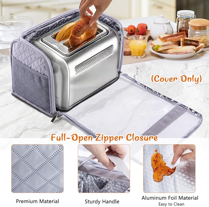 BAGSPRITE Toaster Cover for 2 Slice Wide Slot, Full Open Dust Covers for Kitchen Appliances Compatible with Cuisinart, BELLA, Black and Decker 2 Slices, Toaster Bags with Zipper Closure (Cover Only)