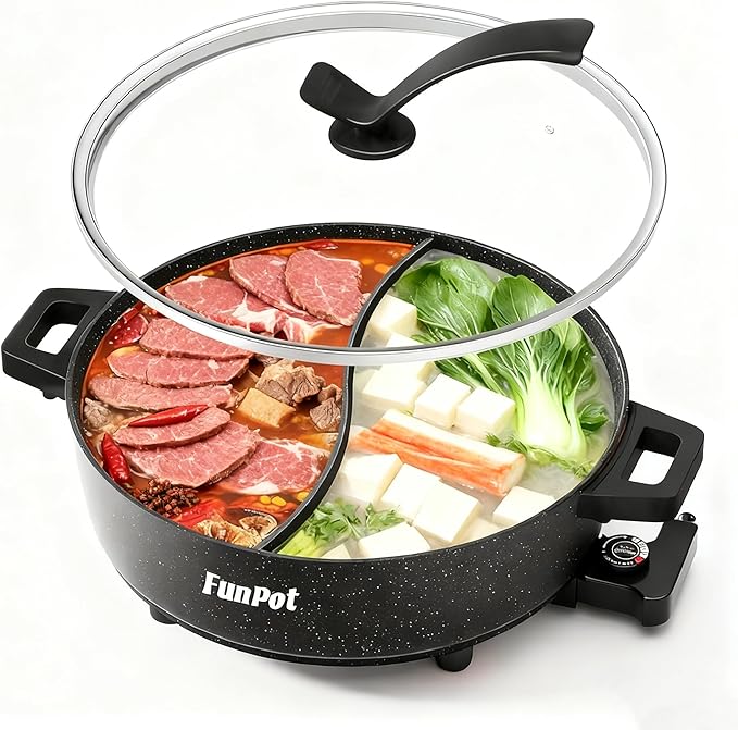 6L Electric Hot Pot with S-Shape Dual-Divider, Smart Temperature Control, 5 Heat Settings, 1350W Fast Boiling, Diamond Nonstick Pot (Black Hollow Handles)