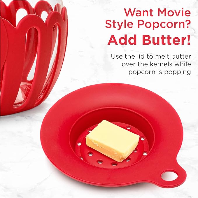 Ecolution Patented Micro-Pop Microwave Popcorn Popper with Temperature Safe Glass, 3-in-1 Lid Measures Kernels and Melts Butter, Made Without BPA, Dishwasher Safe, 1.5-Quart, Red (Pack of 4)