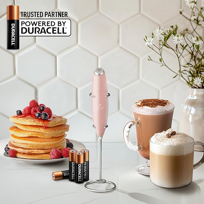 Zulay Kitchen Powerful Milk Frother Wand With 4 AA Duracell Batteries - Ultra Fast Handheld Drink Mixer - Electric Whisk Foam Maker for Coffee, Lattes, Cappuccino, Matcha & Creamer - Pink Salt