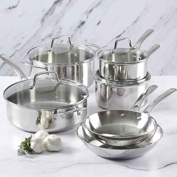 Martha Stewart Castelle 10 Piece 18/8 Durable Stainless Steel Induction Safe Non-Toxic Triply Bottom Kitchen Pots and Pans Cookware Set - Dishwasher Safe
