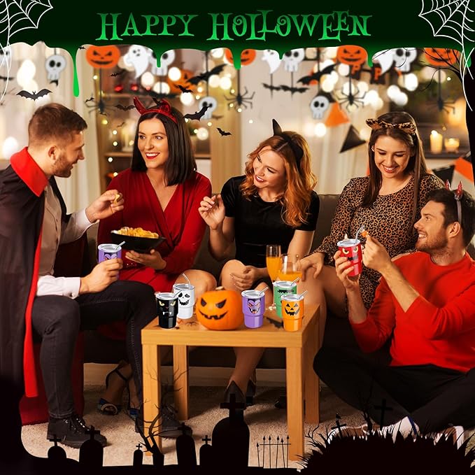 6 Pack 3 oz Halloween Shot Glasses Mini Tumblers with Straw and Lid,Pumpkin Ghost Vampire Devil Halloween Party Spooky Shot Cups Stainless Steel Vacuum Insulated Mini Cups for Cocktail Party