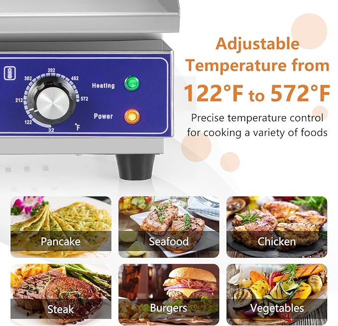 Giantex Commercial Griddle, 22" Electric Griddle 2000W, Cast Iron Griddle, Stainless Steel Frame, 122℉-572℉ Adjustable Temperature Control, Removable Oil Storage Box, Restaurant Teppanyaki Grill