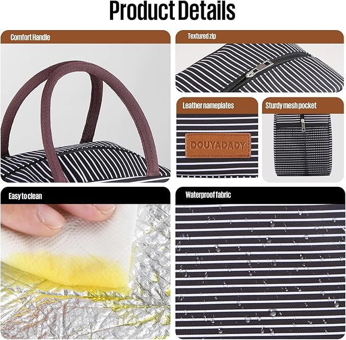 douyadady Lunch Bag Women/Men Lunch Box Women/Men (white&black stripe)