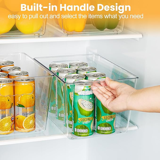 YIHONG 6 Pack Clear Pantry Organizer Bins, Plastic Containers with Handle for Kitchen,Freezer,Cabinet,Closet,Bathroom Under Sink Storage