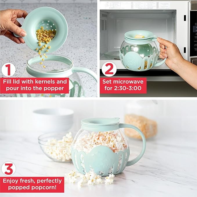 Ecolution Patented Micro-Pop Microwave Popcorn Popper with Temperature Safe Glass, 3-in-1 Lid Measures Kernels and Melts Butter, Made Without BPA, Dishwasher Safe, 1.5-Quart, Aqua