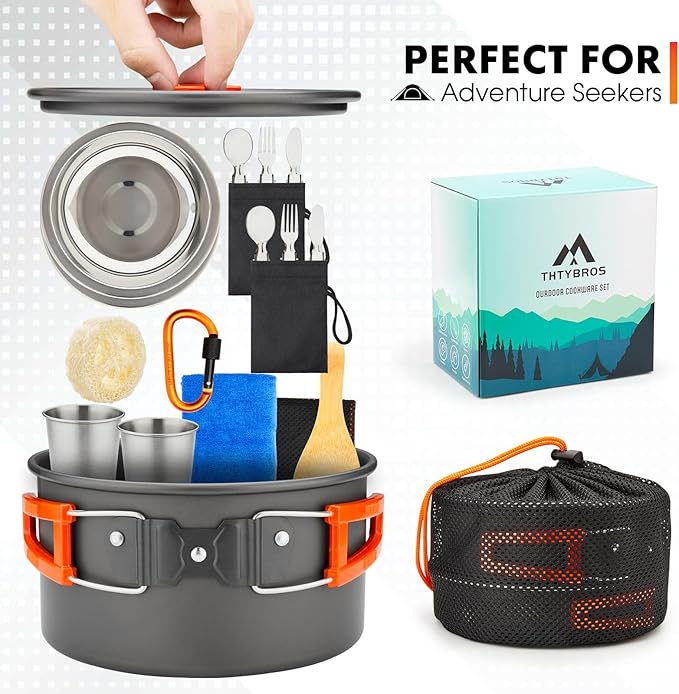 THTYBROS 17pcs Camping Cookware Kit, 0.45Gal Pot, 7inches Pan,0.30Gal Kettle Set with 2 Set Stainless Steel Cups Plates Forks Knives Spoons for Hiking
