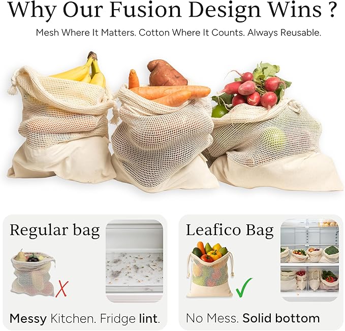 LEAFICO Reusable Produce Bags – 100% Cotton Mesh & Solid Hybrid (Medium 10x12 inch 3 Pcs) – Grocery Storage Bags for Fruit, Vegetables, Bulk Food – Washable, Plastic-Free, Breathable, Zero Waste