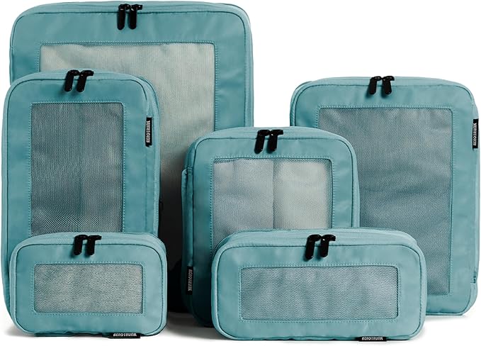 Aerotrunk Compression Packing Cubes for Travel - Luggage Organizer Bags - Double Zipper Packing Cubes for Suitcases (6-Pack, Teal)