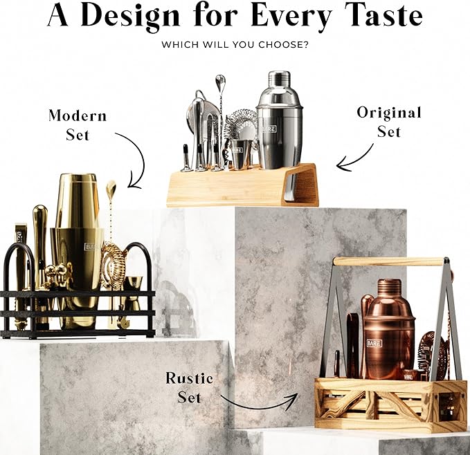 BARE BARREL® Mixology Bartender Kit Bar Set | 14-Piece Cocktail Shaker Set | Martini Barware Mixing Tools for Home Bartending | 35 Recipe Cards | Gift Set (28oz Boston Shaker, Gold/Black)