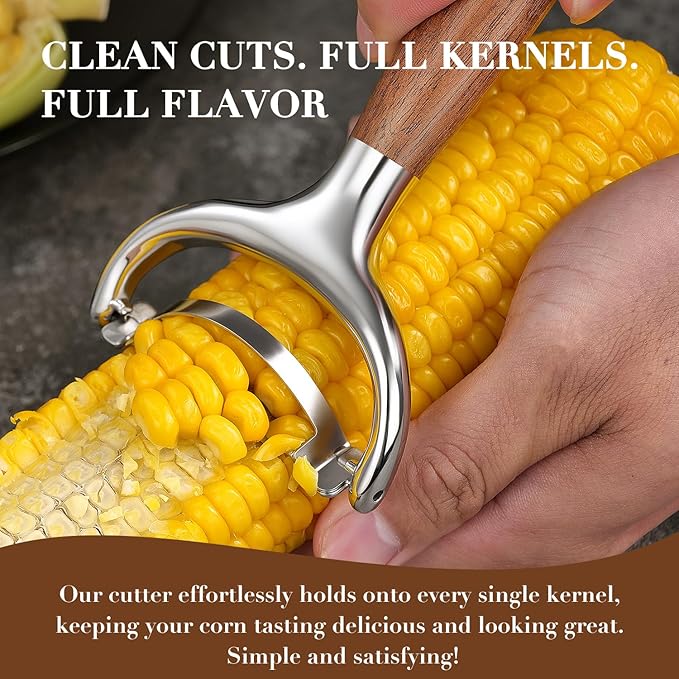 KULUNER Durable Stainless Steel Corn Peeler with Polished Wood Handle Corn on the Cob Stripper Kernel Remover Easy Use Corn Kernel Cutter Kitchen Gadget（Burma Teak）