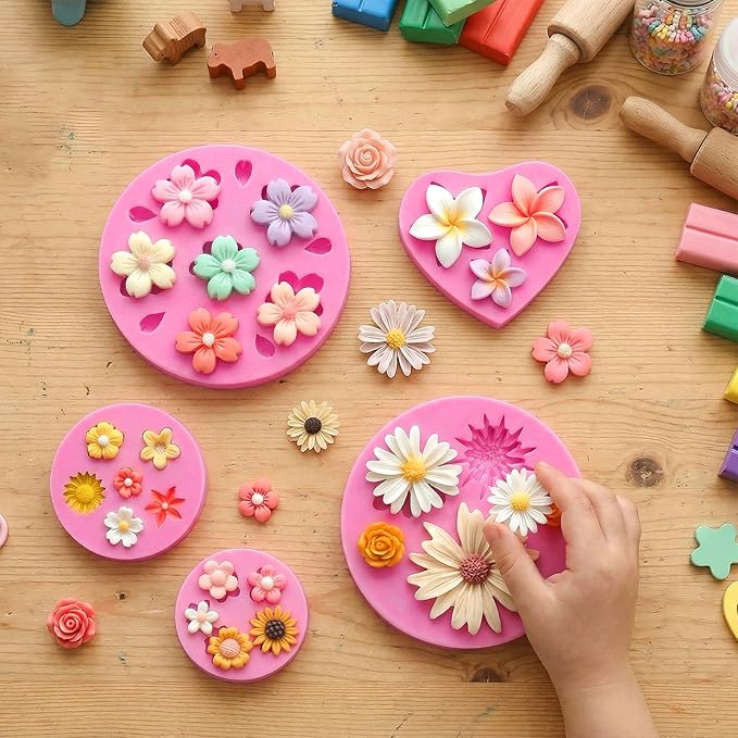 5 Pcs Flower Fondant Molds Flower Rose Daisy Silicone Chocolate Mold for Candy Fondant Polymer Clay Soap Ice Cube Crafting and Cake Cupcake Decoration