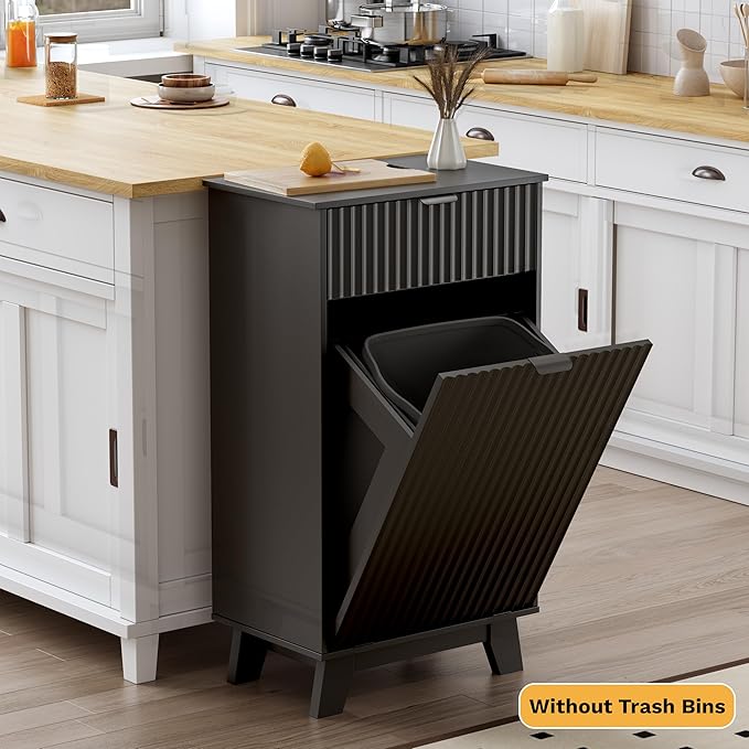 Modern Tilt Out Laundry Hamper Cabinet, 10 Gallon Wooden Trash Can Cabinet with Storage Drawer, Hidden Fluted Bathroom Storage Cabinet for Kitchen, Living Room (Black, 20.47"W x 35.83"H x 13"D)