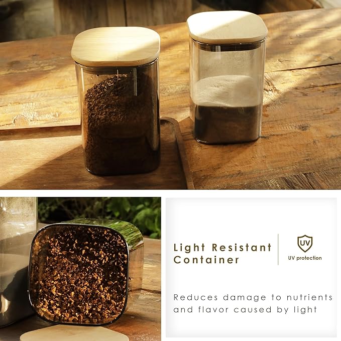 LIBWYS 4-Pack Anti-UV Square Glass Storage Jars with Bamboo Lids (1.22Qt) - Light Resistant Containers (LRC) for Pantry Organization, Coffee Beans, Loose Tea, Sugar, Pet Food | Kitchen Canisters Set