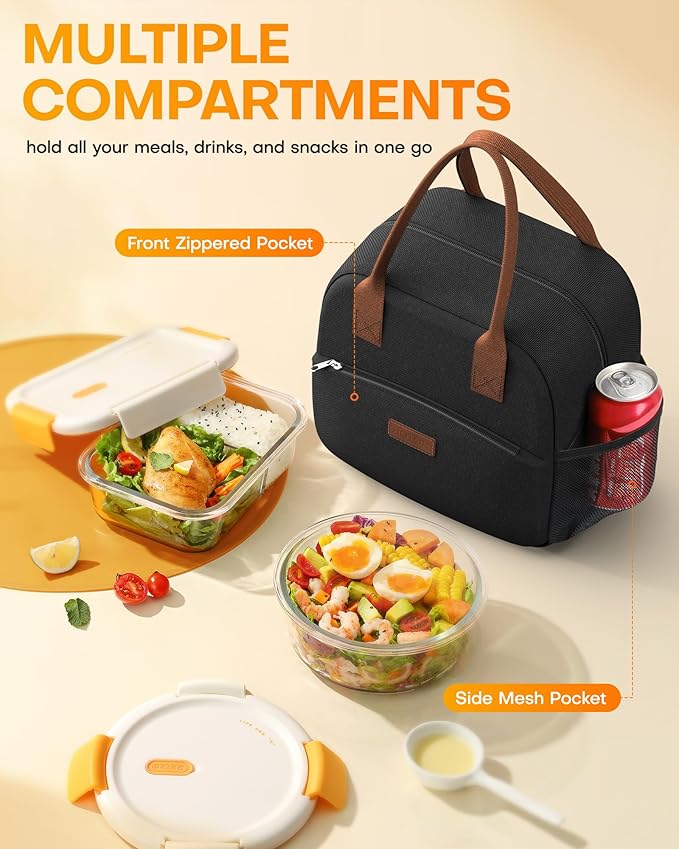 HOTOR Lunch Bag for Women & Men - Wear-Resistant Insulated Lunch Box with Large Capacity, Multi-Functional Cooler Bag for Office, Picnic, Black, 12L, 12.20" x 6.30" x 10.20"