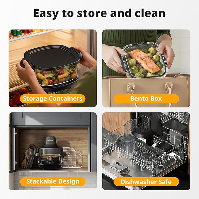 AIRMSEN Potable Glass Air Fryer Non-Toxic, 4.8QT & 1.3QT, 4 Presets & Manual Control, 140–450℉ Precise Heat, 95% Less Oil, Auto-Pause & Resume, Microwave & Dishwasher Safe