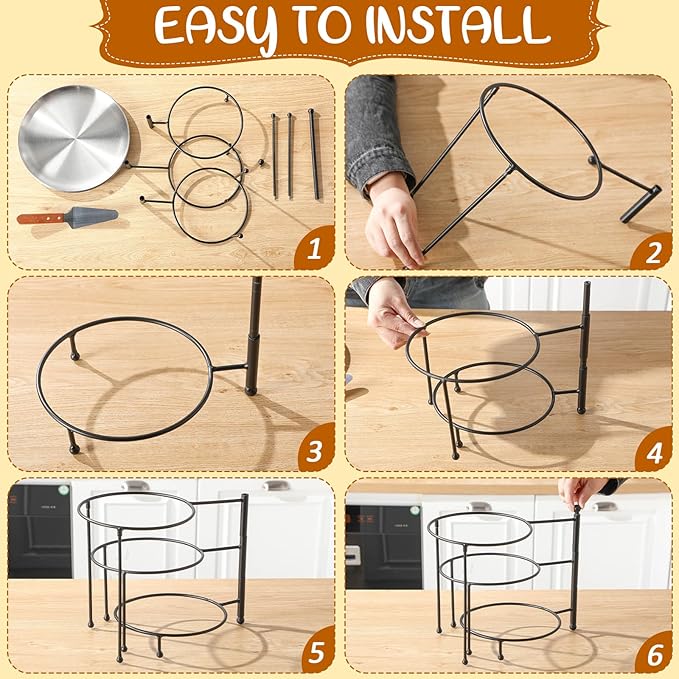 Teenyyou 7 Pcs Pizza Pan Riser Stands Sets Includes 1 Pcs Tiered Tray Stand 3 Stainless Steel Pizza Pan and 3 Wood Handle Knife for Home, Restaurant Party