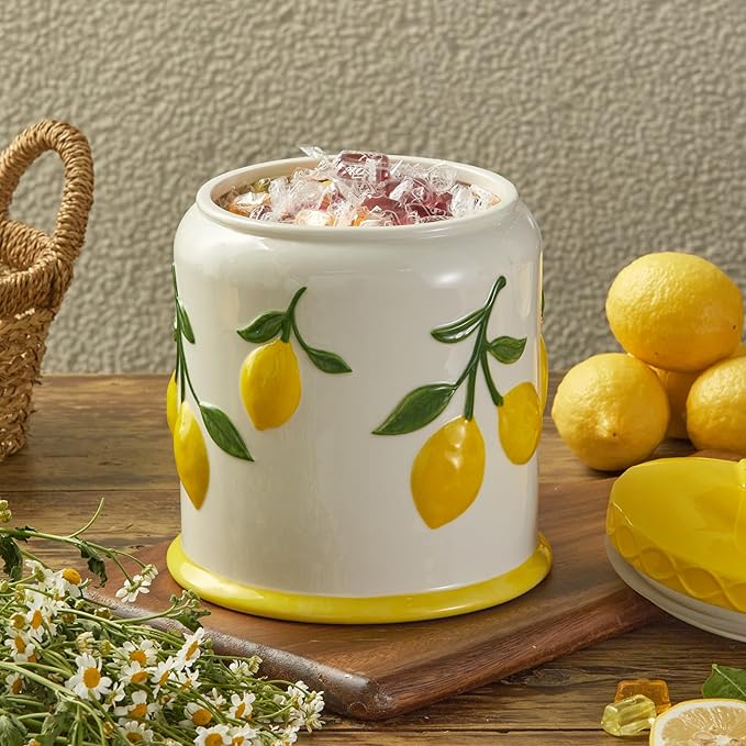Bico Lemon Handpainted 9 inch Stoneware Cookie Jar, Dishwasher Safe, Air Tight Seal for Keeping Cookie, Spices, Coffee