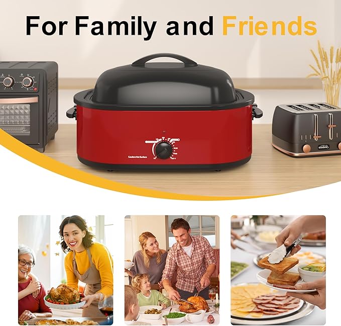 20 Quart Electric Roaster Oven with Self-basting Lid, Turkey Roaster Oven with Removable Pan and Rack, RED
